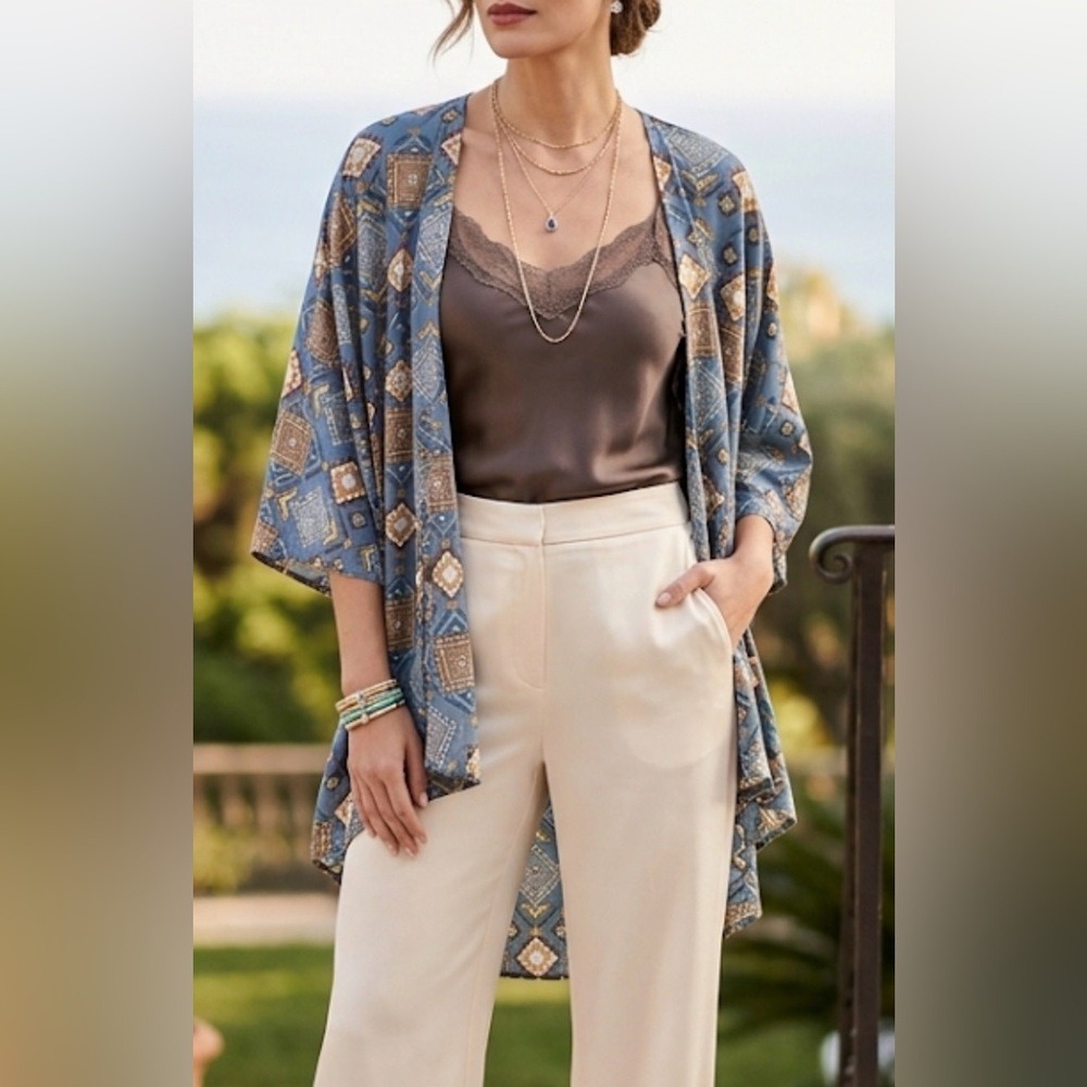 LuLaRoe Lindsay Kimono Cardigan Blue Geometric Tribal Print Open Front Medium